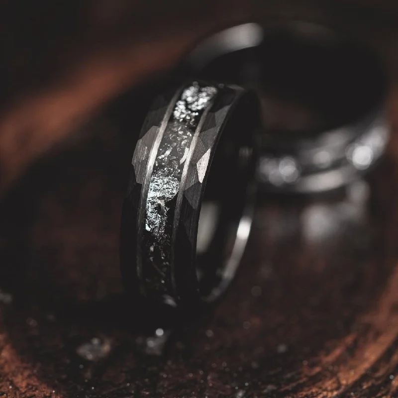 Trending Jewelry Now At Unbeatable Prices "Zeus" Hammered Tungsten Carbide Ring- Black w/ Meteorite & White Gold Leaf- 6mm/8mm