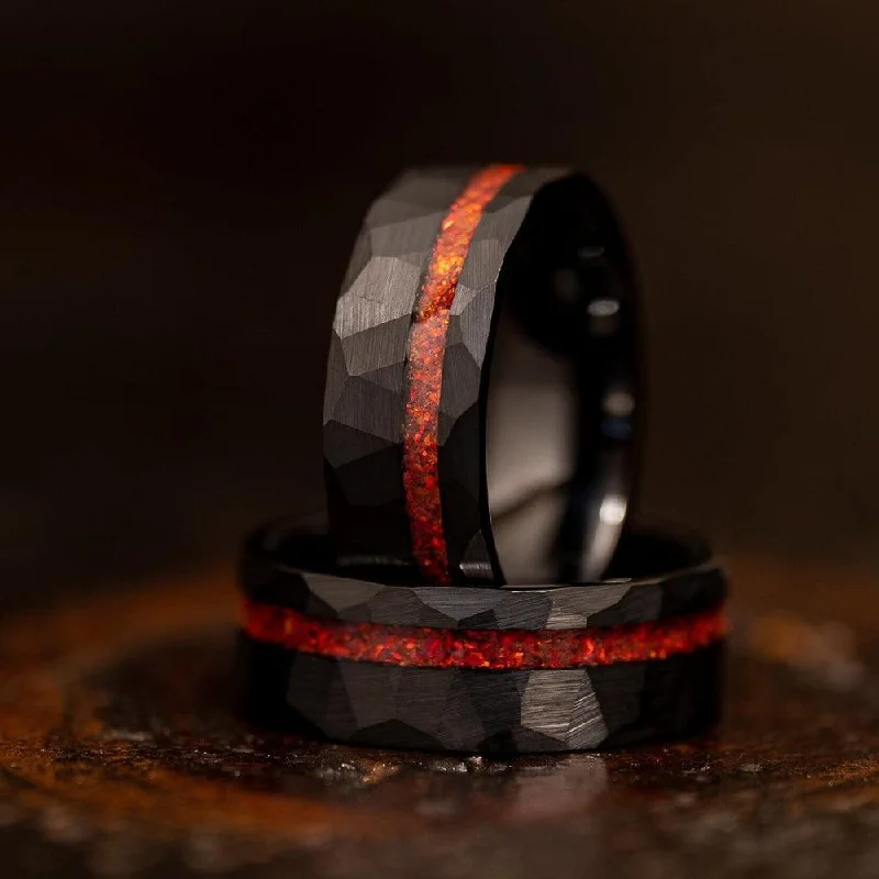Best Jewelry Sale Prices – Limited-Time Offer "Zeus" Hammered Tungsten Carbide Ring- Black w/ Red Opal Strip- 8mm Best Jewelry Sale Prices – Limited-Time Offer "Zeus" Hammered Tungsten Carbide Ring- Black w/ Red Opal Strip- 8mm