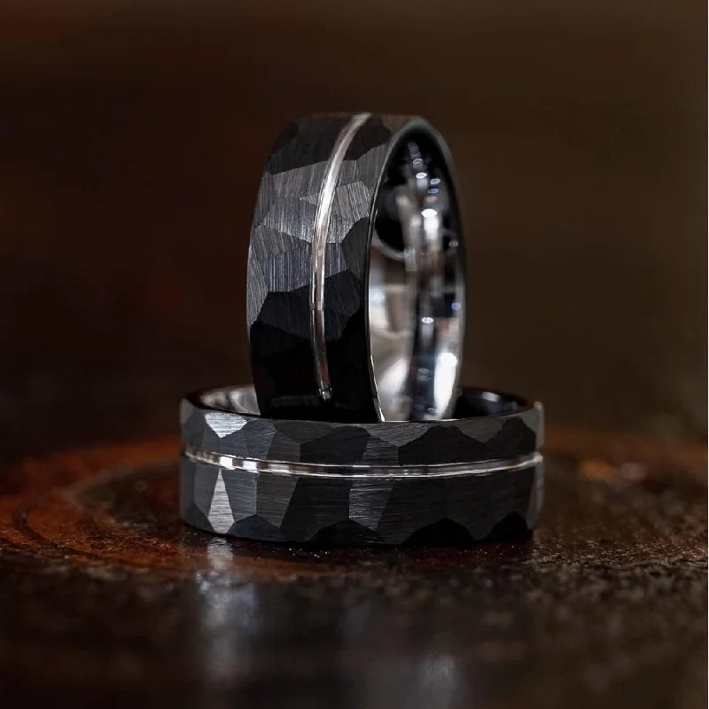 Limited-Stock Jewelry Sale – Once It's Gone, It's Gone "Zeus" Hammered Tungsten Carbide Ring- Black w/ White Gold Strip- 6mm/8mm Limited-Stock Jewelry Sale – Once It's Gone, It's Gone "Zeus" Hammered Tungsten Carbide Ring- Black w/ White Gold Strip- 6mm/8mm