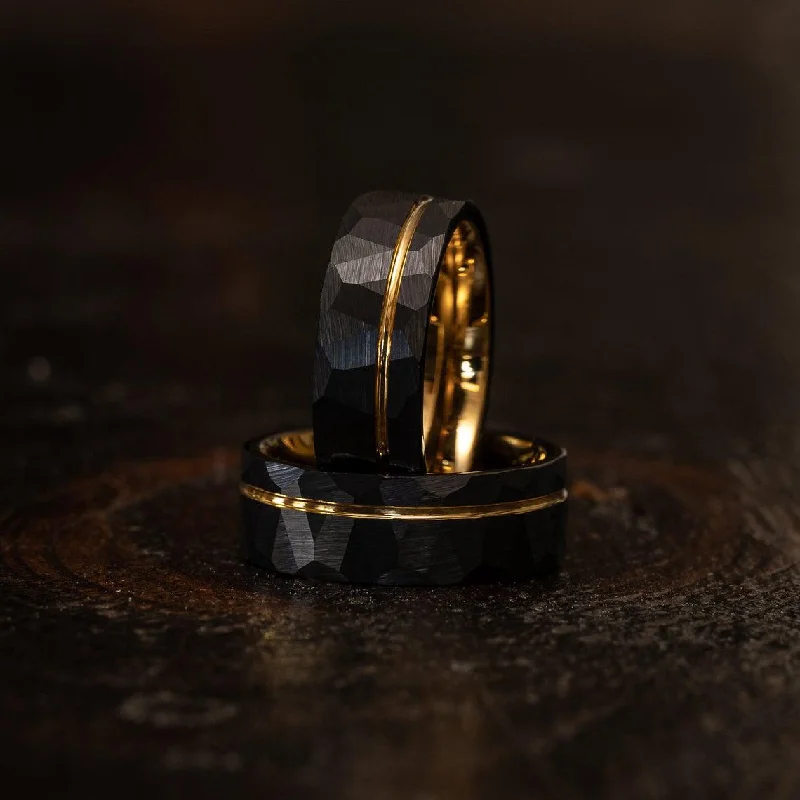 Handcrafted Jewelry Sale – Unique Designs At Low Prices "Zeus" Hammered Tungsten Carbide Ring- Black w/ Yellow Gold Strip- 6mm/8mm Handcrafted Jewelry Sale – Unique Designs At Low Prices "Zeus" Hammered Tungsten Carbide Ring- Black w/ Yellow Gold Strip- 6mm/8mm