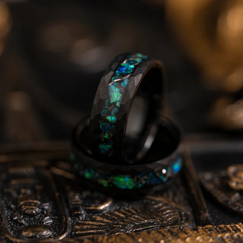 Affordable Gold-Plated Jewelry For Modern Fashion "Zeus" Hammered Tungsten Carbide Ring- Meteorite and Emerald Opal- Black- 8mm Affordable Gold-Plated Jewelry For Modern Fashion "Zeus" Hammered Tungsten Carbide Ring- Meteorite and Emerald Opal- Black- 8mm