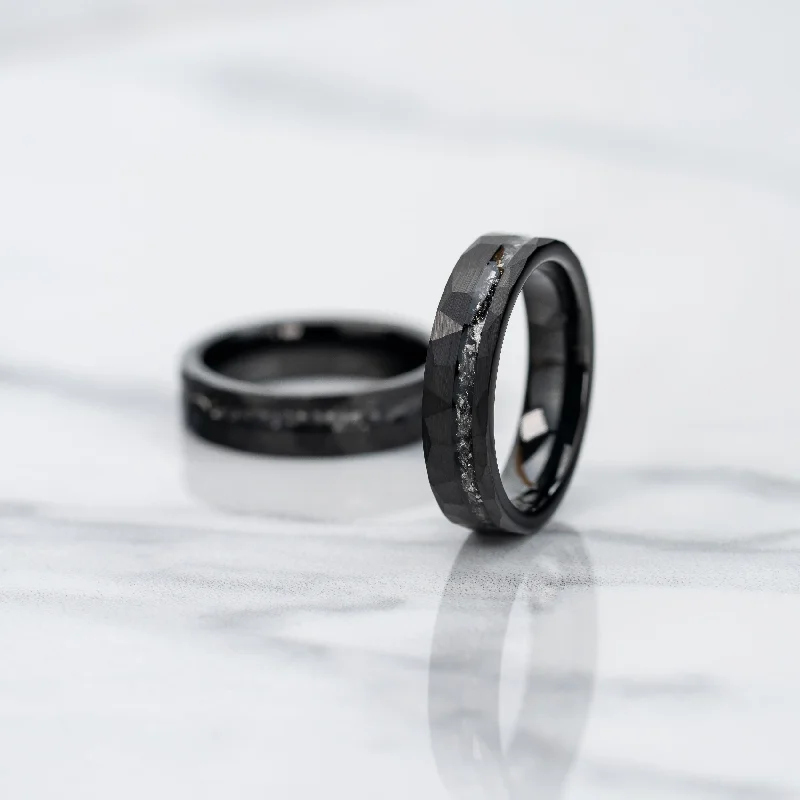 Handmade Pearl Jewelry For Timeless Elegance "Zeus" Hammered Tungsten Carbide Ring- Womens Black w/ Meteorite- 5mm Handmade Pearl Jewelry For Timeless Elegance "Zeus" Hammered Tungsten Carbide Ring- Womens Black w/ Meteorite- 5mm