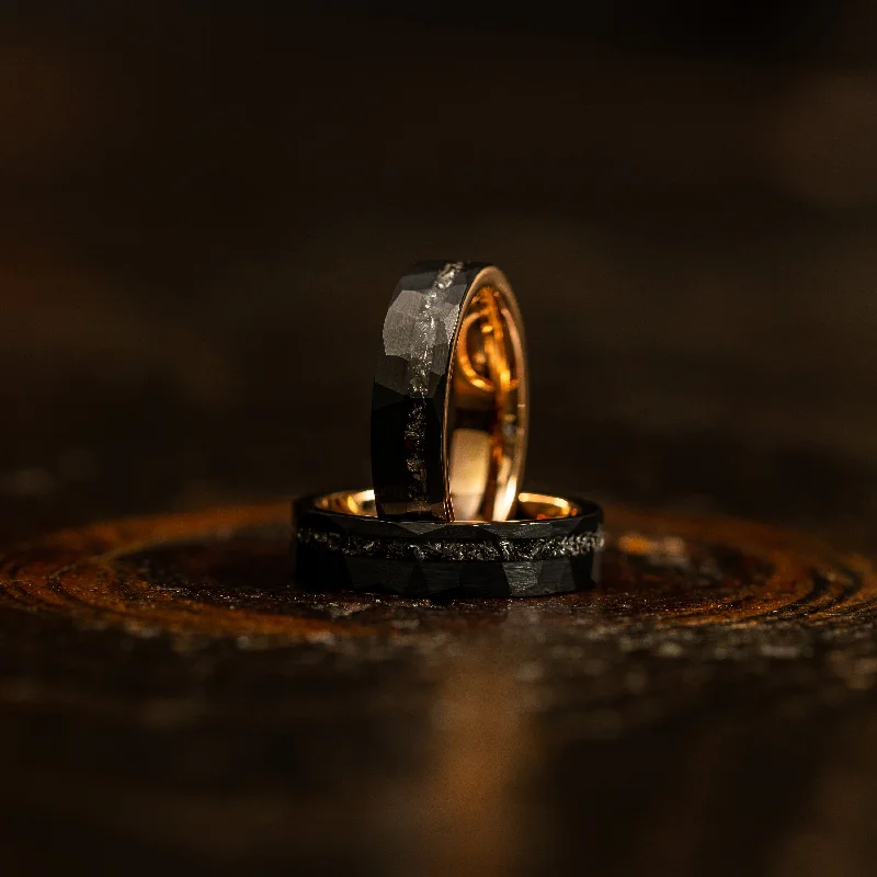 Unique Jewelry Designs Now At Discounted Rates "Zeus" Hammered Tungsten Carbide Ring- Womens Black X Rose Gold w/ Meteorite- 5mm Unique Jewelry Designs Now At Discounted Rates "Zeus" Hammered Tungsten Carbide Ring- Womens Black X Rose Gold w/ Meteorite- 5mm