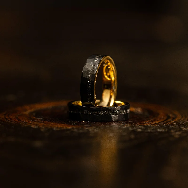 Affordable Luxury Jewelry For Every Occasion "Zeus" Hammered Tungsten Carbide Ring- Womens Black/Yellow w/ Meteorite- 5mm