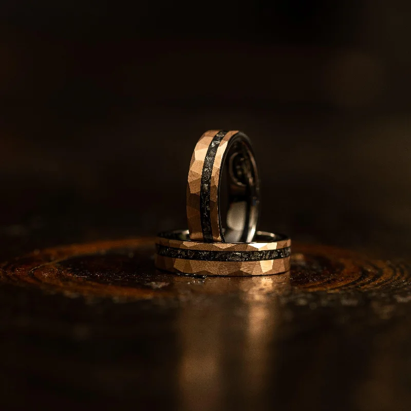 Trending Jewelry Styles Now At Limited-Time Discounts "Zeus" Hammered Tungsten Carbide Ring- Womens Copper/Rose w/ Meteorite- 5mm