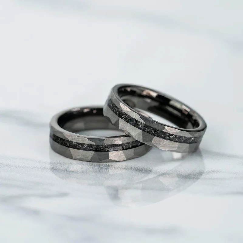 Delicate Crystal Jewelry For Sophisticated Charm "Zeus" Hammered Tungsten Carbide Ring- Womens Silver w/ Meteorite- 5mm Delicate Crystal Jewelry For Sophisticated Charm "Zeus" Hammered Tungsten Carbide Ring- Womens Silver w/ Meteorite- 5mm