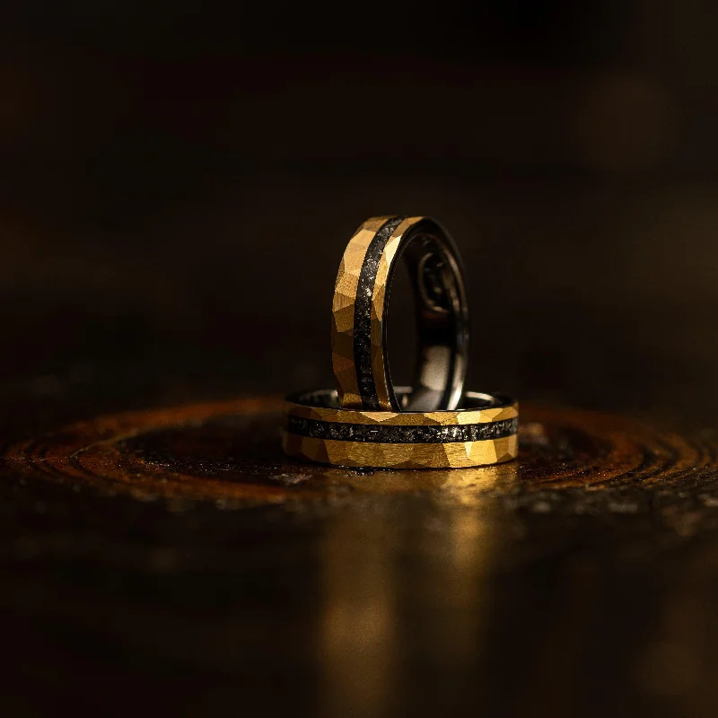 Exclusive Jewelry Bundles At Discounted Rates "Zeus" Hammered Tungsten Carbide Ring- Womens Yellow Gold w/ Meteorite- 5mm Exclusive Jewelry Bundles At Discounted Rates "Zeus" Hammered Tungsten Carbide Ring- Womens Yellow Gold w/ Meteorite- 5mm