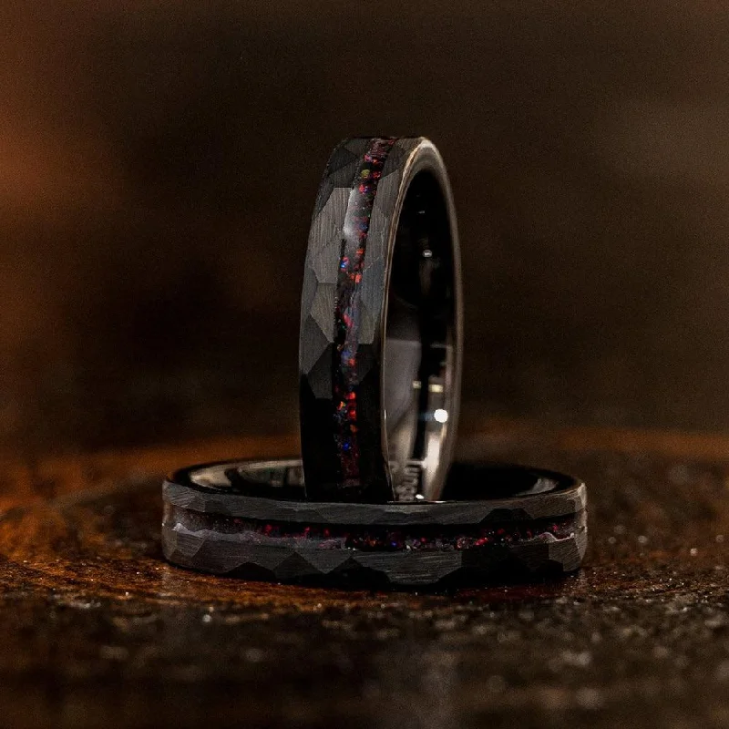 Shine Without Limits – Jewelry Sale Happening Now "Zeus" Womens Hammered Tungsten Carbide Ring- Black w/ Black Opal Strip- 4mm Shine Without Limits – Jewelry Sale Happening Now "Zeus" Womens Hammered Tungsten Carbide Ring- Black w/ Black Opal Strip- 4mm