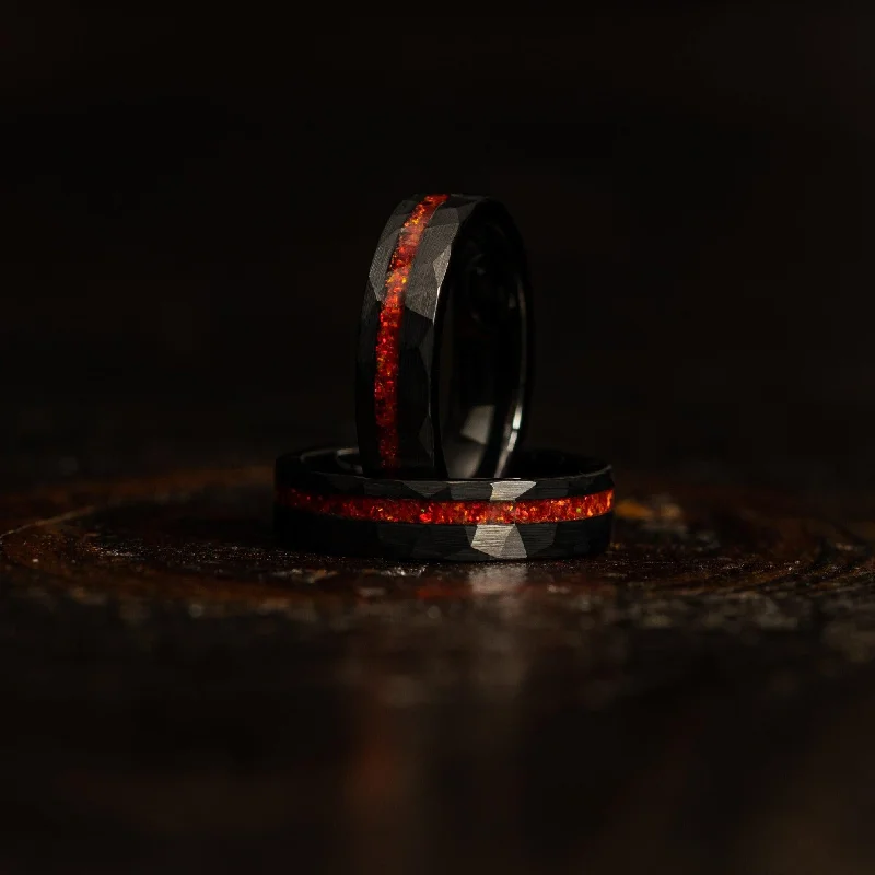 Special Deals On Handcrafted And Designer Jewelry "Zeus" Womens Hammered Tungsten Carbide Ring- Black w/ Red Opal Strip- 5mm Special Deals On Handcrafted And Designer Jewelry "Zeus" Womens Hammered Tungsten Carbide Ring- Black w/ Red Opal Strip- 5mm