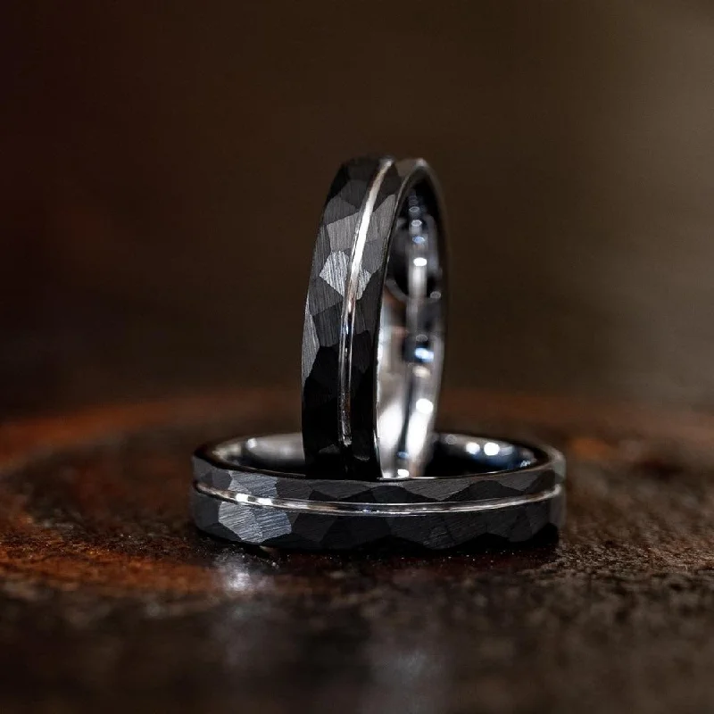 Versatile Layering Jewelry For Effortless Chic "Zeus" Womens Hammered Tungsten Carbide Ring- Black w/ White Gold Strip- 4mm Versatile Layering Jewelry For Effortless Chic "Zeus" Womens Hammered Tungsten Carbide Ring- Black w/ White Gold Strip- 4mm