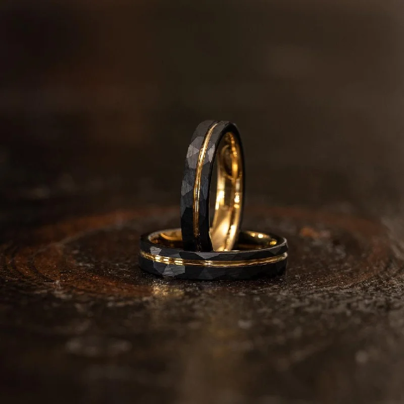 Personalized Engraved Jewelry For Meaningful Gifts "Zeus" Womens Hammered Tungsten Carbide Ring- Black w/ Yellow Gold Strip- 4mm Personalized Engraved Jewelry For Meaningful Gifts "Zeus" Womens Hammered Tungsten Carbide Ring- Black w/ Yellow Gold Strip- 4mm