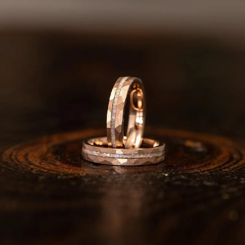 Luxury Handcrafted Jewelry For Elegant Looks "Zeus" Womens Hammered Tungsten Carbide Ring- Rose Gold w/ Opal Inlay- 4mm Luxury Handcrafted Jewelry For Elegant Looks "Zeus" Womens Hammered Tungsten Carbide Ring- Rose Gold w/ Opal Inlay- 4mm