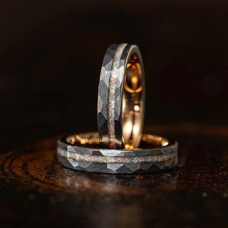Affordable Glamour – Premium Jewelry For Less "Zeus" Womens Hammered Tungsten Carbide Ring- White Gold w/ Opal Inlay- 4mm
