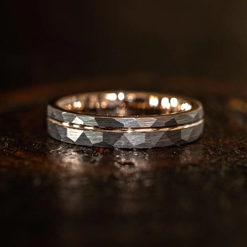 Affordable Gold-Plated Jewelry For Modern Fashion "Zeus" Womens Hammered Tungsten Carbide Ring- White Gold w/ Rose Gold Strip- 4mm Affordable Gold-Plated Jewelry For Modern Fashion "Zeus" Womens Hammered Tungsten Carbide Ring- White Gold w/ Rose Gold Strip- 4mm