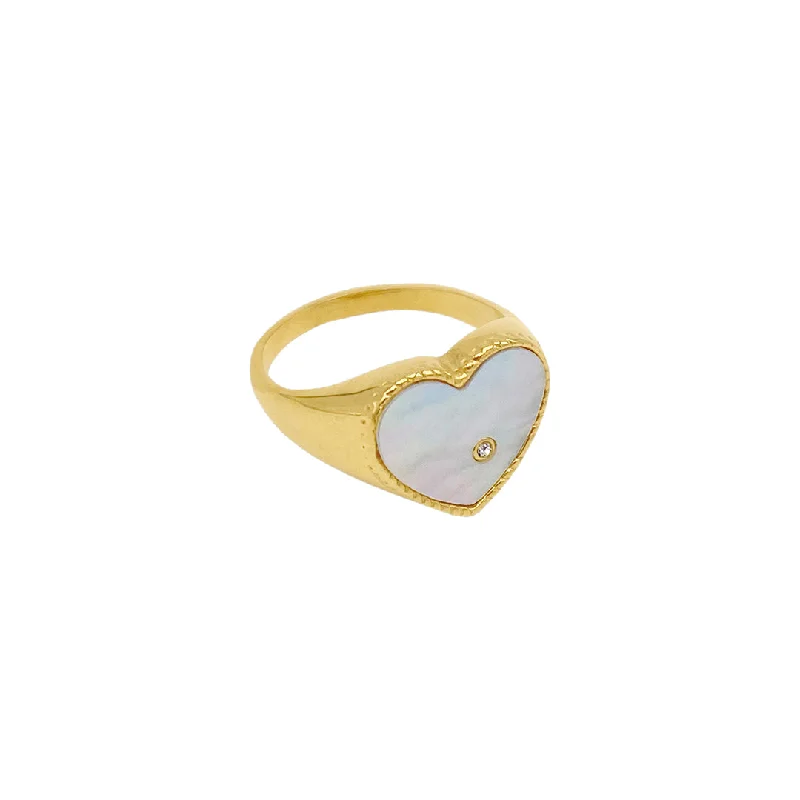 Shop Modern Jewelry Collections With Exclusive Discounts Tarnish Resistant 14k Gold Plated Heart White Mother of Pearl Signet Ring