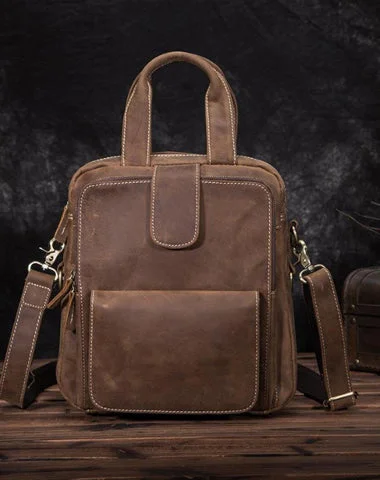 Leather Mens Vertical Work Bag Handbag Brown Vertical Small Briefcase Shoulder Bag For Men