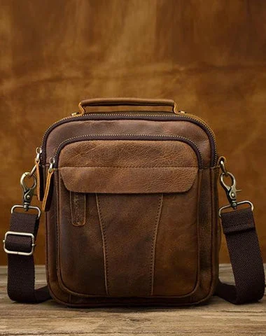 Vintage Brown Leather Mens Small Vertical Messenger Bag Side Bag Courier Bag Handbag For Men