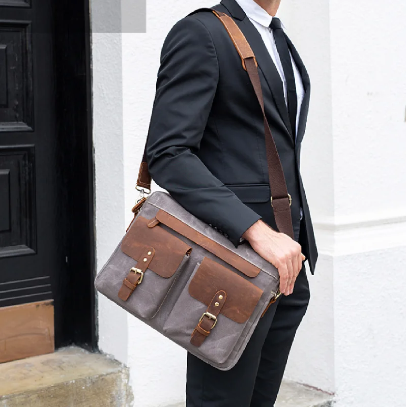 Canvas Leather Messenger Bag Leather Shoulder Bag Laptop Bag Groomsman Gift Men's Leather Briefcase