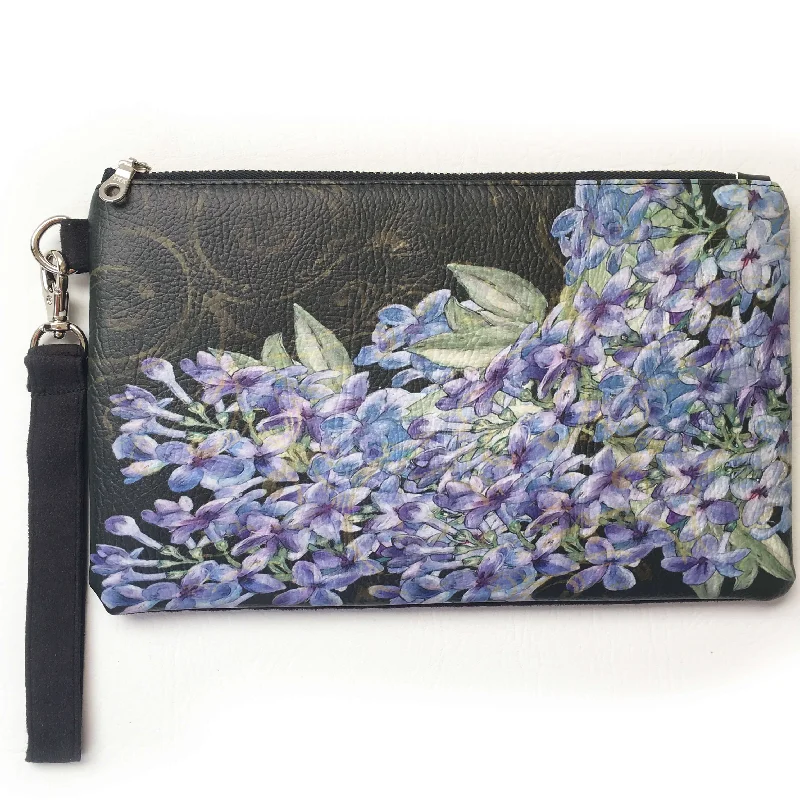 Lilacs on Black Wristlet - vegan leather/suede