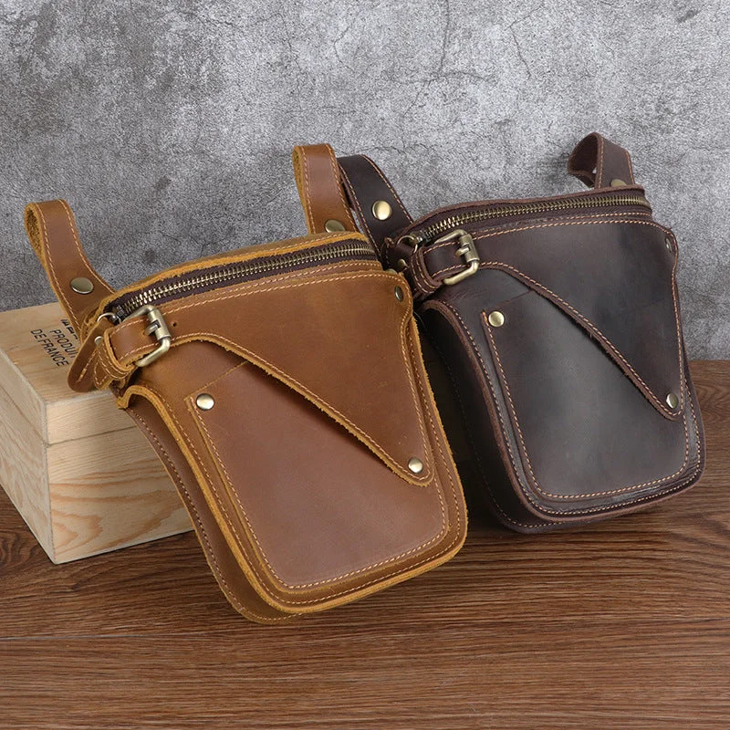 Handmade Leather Sling Bag Leather Fanny Pack Individuality Motorcycle Bag Leather Belt Bag