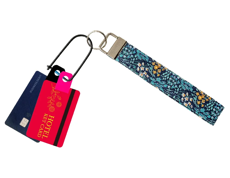 Navy Wildflower Print Fabric Wristlet Keychain, Key Fob (Carabiner & Tabber Grabbers Not Included)