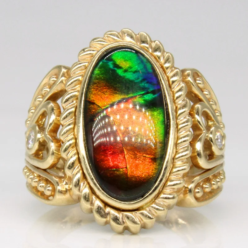 Discounted Luxury Jewelry – Shine Without The Splurge Ammolite & Diamond Ornate Cocktail Ring | 3.20ct, 0.06ctw | SZ 6.25 | Discounted Luxury Jewelry – Shine Without The Splurge Ammolite & Diamond Ornate Cocktail Ring | 3.20ct, 0.06ctw | SZ 6.25 |