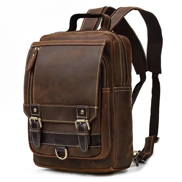 Genuine Leather Chest Bag Backpack Dual Use Mens Travel Bag