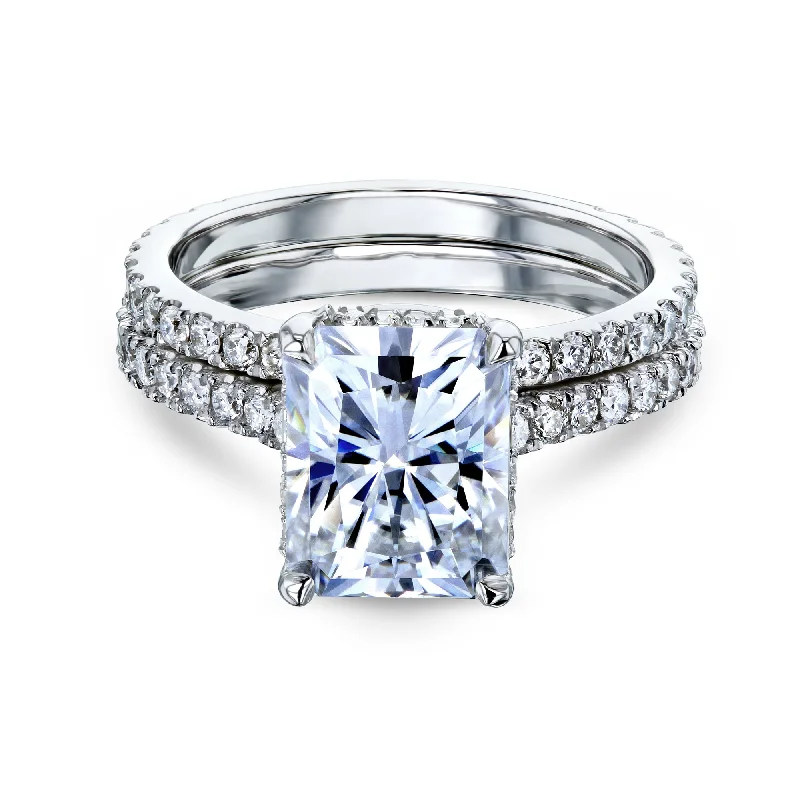 Trending Jewelry Styles Now At Limited-Time Discounts 2.7ct Radiant Moissanite Drop Halo Bridal Set - Notched Band Trending Jewelry Styles Now At Limited-Time Discounts 2.7ct Radiant Moissanite Drop Halo Bridal Set - Notched Band