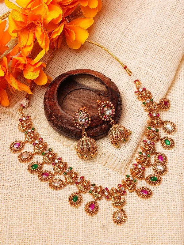 Special Offers On Handcrafted And Designer Jewelry Premium gold finish Cute Short Necklace Set with Multi color AD Stones 16856N Special Offers On Handcrafted And Designer Jewelry Premium gold finish Cute Short Necklace Set with Multi color AD Stones 16856N
