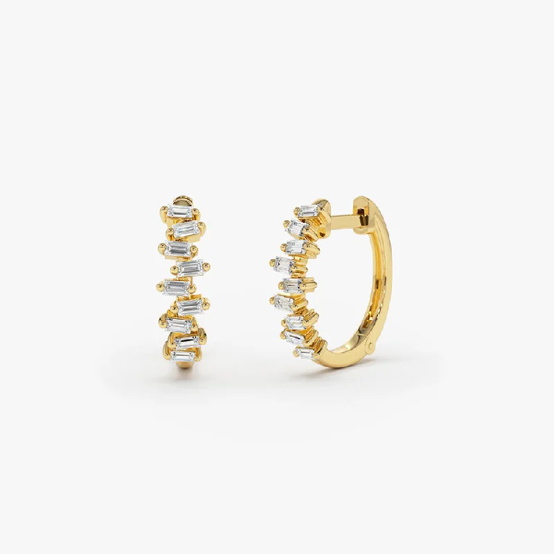 Luxury Handcrafted Jewelry For Elegant Looks 14K Gold Horizontal Set Mini Baguette Diamond Huggie Luxury Handcrafted Jewelry For Elegant Looks 14K Gold Horizontal Set Mini Baguette Diamond Huggie
