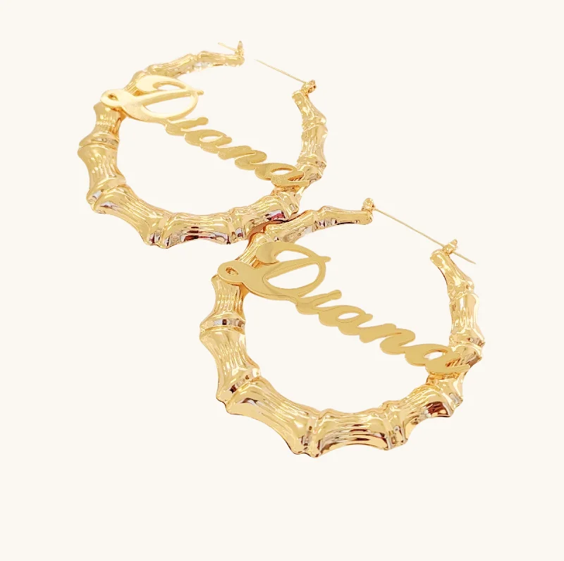 Fashion-Forward Jewelry At Exclusive Discounts Gold Custom Bamboo Name Hoop Earrings