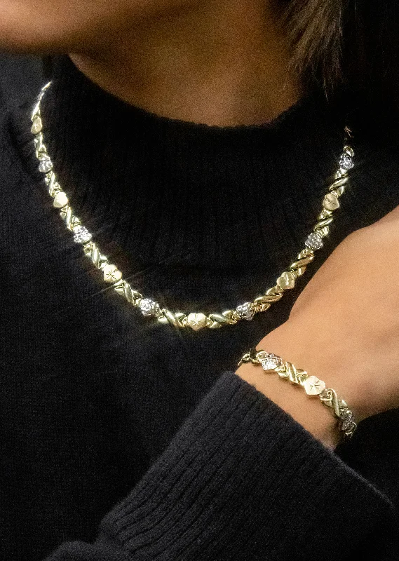 Jewelry Clearance Sale – Final Reductions YELLOW GOLD "XO HEART" HOLLOW DIAMOND CUT TWO TONE NECKLACE & BRACELET SET FOR WOMEN | APPX 17.3 GRAMS Jewelry Clearance Sale – Final Reductions YELLOW GOLD "XO HEART" HOLLOW DIAMOND CUT TWO TONE NECKLACE & BRACELET SET FOR WOMEN | APPX 17.3 GRAMS