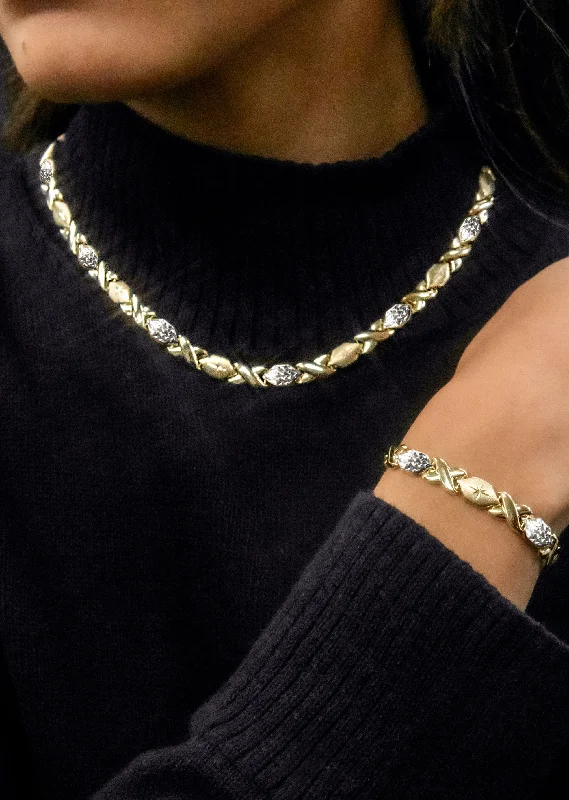 Don't Miss Our Biggest Jewelry Sale Of The Season YELLOW GOLD "XO" HOLLOW DIAMOND CUT TWO TONE NECKLACE & BRACELET SET FOR WOMEN | APPX 17.3 GRAMS Don't Miss Our Biggest Jewelry Sale Of The Season YELLOW GOLD "XO" HOLLOW DIAMOND CUT TWO TONE NECKLACE & BRACELET SET FOR WOMEN | APPX 17.3 GRAMS