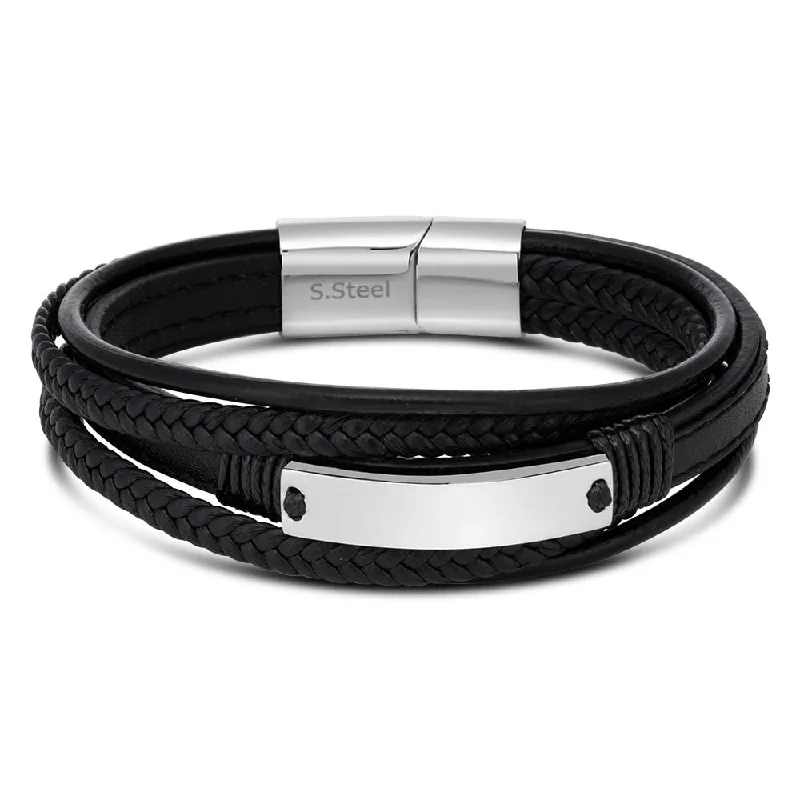 Shop Signature Jewelry Styles At Exclusive Prices Stainless Steel and Leather Gents Magnetic Black Leather Bracelet with I.D. Plate Shop Signature Jewelry Styles At Exclusive Prices Stainless Steel and Leather Gents Magnetic Black Leather Bracelet with I.D. Plate