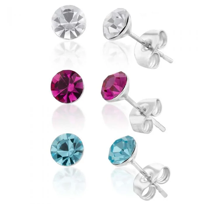 The Perfect Jewelry Piece At The Perfect Discount Stainless Steel Crystal Studs Set of 3 - White Aqua Fucshia The Perfect Jewelry Piece At The Perfect Discount Stainless Steel Crystal Studs Set of 3 - White Aqua Fucshia