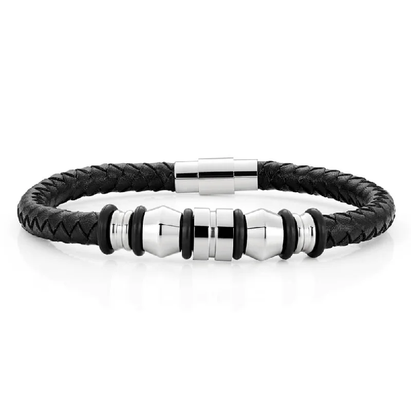 Big Discounts On Elegant Jewelry Collections Stainless Steel 'Forte' Black Woven Gents Leather Bracelet Big Discounts On Elegant Jewelry Collections Stainless Steel 'Forte' Black Woven Gents Leather Bracelet