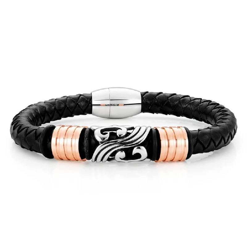 Discounted Jewelry For A Glamorous Look Stainless Steel 'Forte' Black Woven Leather Gents Bracelet Discounted Jewelry For A Glamorous Look Stainless Steel 'Forte' Black Woven Leather Gents Bracelet