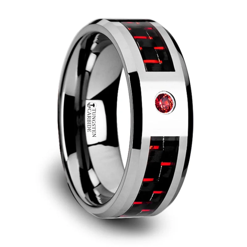 Elegant Jewelry, Exclusive Prices – Shop Now Thorsten Adrian Tungsten Carbide Ring w/ Black & Red Carbon Fiber & Red Ruby Setting with Bevels (8mm) W2959-TCRD Elegant Jewelry, Exclusive Prices – Shop Now Thorsten Adrian Tungsten Carbide Ring w/ Black & Red Carbon Fiber & Red Ruby Setting with Bevels (8mm) W2959-TCRD
