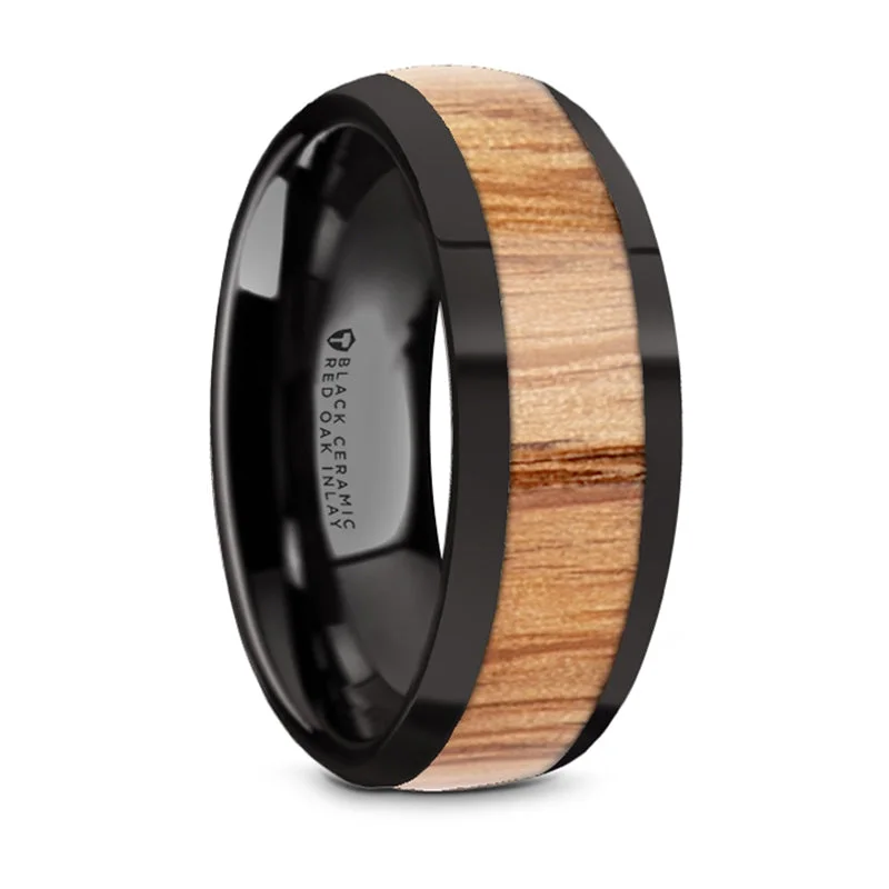 Shop Stylish Jewelry Now And Save Big Thorsten Ambrose Black Ceramic Polished Edges Domed Wedding Band w/ Red Oak Wood Inlay (8mm) W5971-BCRO Shop Stylish Jewelry Now And Save Big Thorsten Ambrose Black Ceramic Polished Edges Domed Wedding Band w/ Red Oak Wood Inlay (8mm) W5971-BCRO
