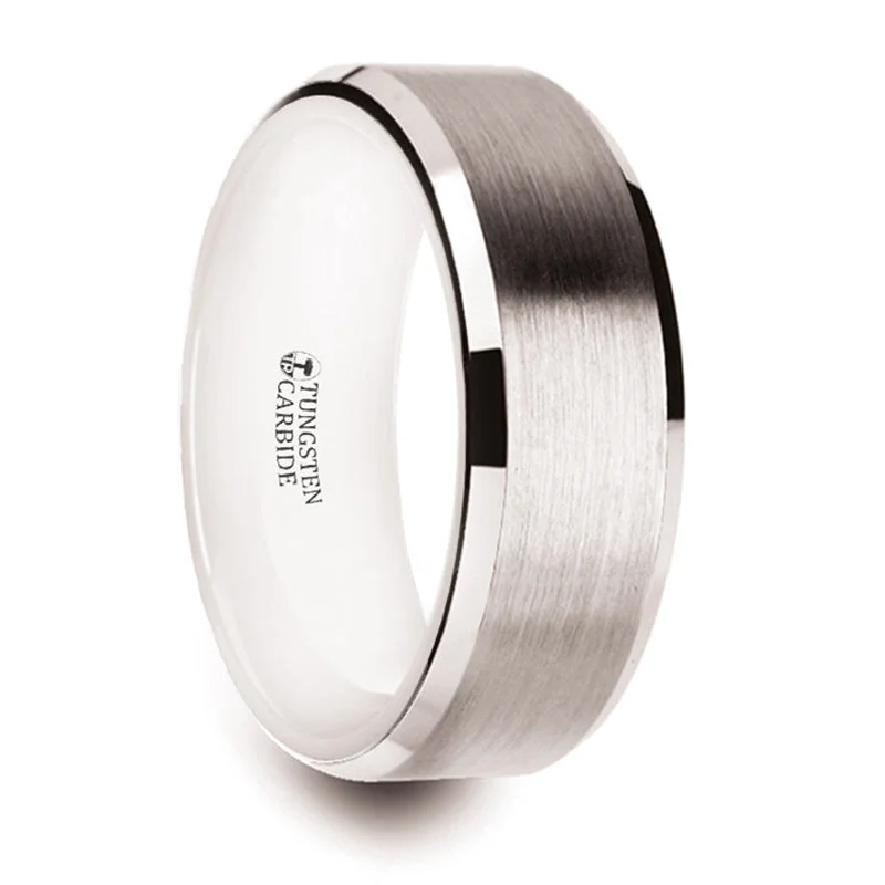 Limited-Stock Jewelry Sale – Once It's Gone, It's Gone Thorsten Antares White Tungsten Brushed Center Wedding Ring w/ Polished Beveled Edges & White Interior (8mm) W1398-WITC Limited-Stock Jewelry Sale – Once It's Gone, It's Gone Thorsten Antares White Tungsten Brushed Center Wedding Ring w/ Polished Beveled Edges & White Interior (8mm) W1398-WITC