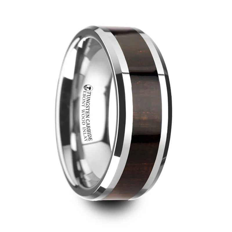 Exclusive Jewelry Sale – Shine For Less Thorsten Arcane Ebony Wood Inlaid Tungsten Carbide Ring w/ Bevels (8mm) W4273-EWWI Exclusive Jewelry Sale – Shine For Less Thorsten Arcane Ebony Wood Inlaid Tungsten Carbide Ring w/ Bevels (8mm) W4273-EWWI