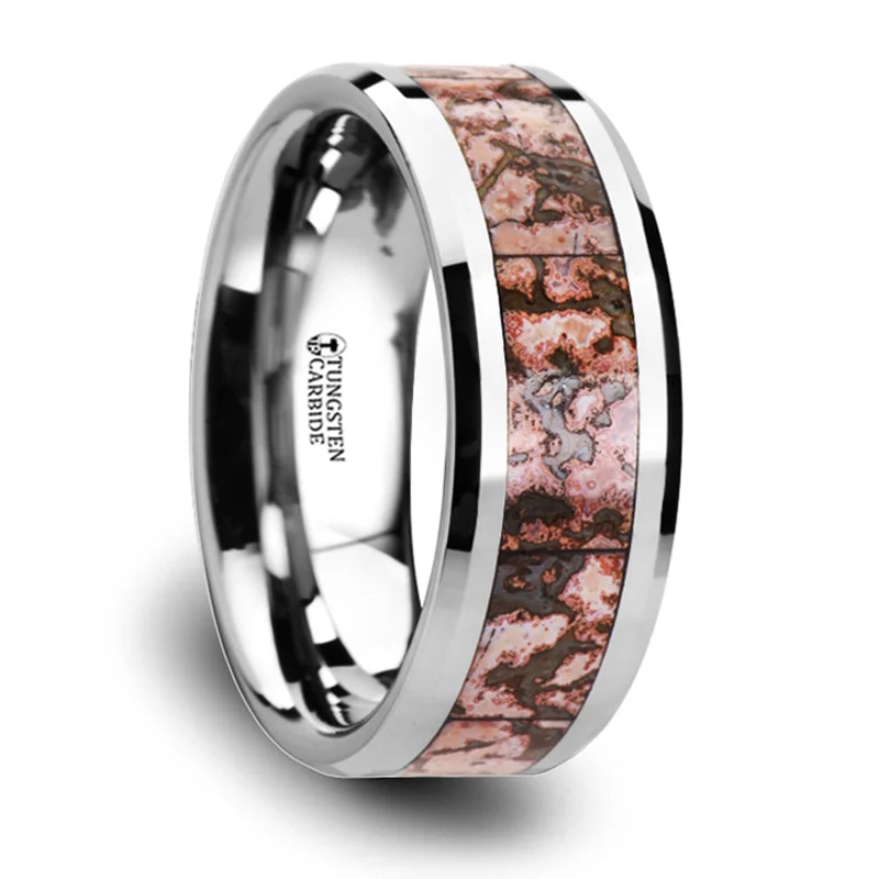 Shop Dazzling Jewelry At The Best Prices Thorsten Archean Pink Dinosaur Bone Inlaid Tungsten Carbide Beveled Edged Ring (8mm) C3811-TCDB Shop Dazzling Jewelry At The Best Prices Thorsten Archean Pink Dinosaur Bone Inlaid Tungsten Carbide Beveled Edged Ring (8mm) C3811-TCDB