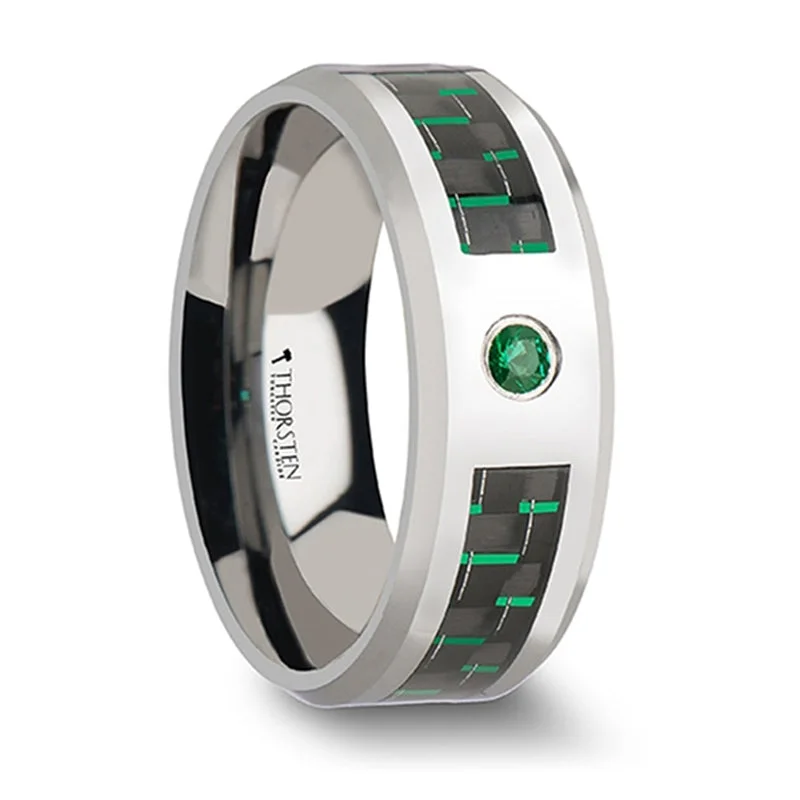 Huge Savings On Timeless Jewelry Collections Thorsten Aspen Tungsten Carbide Ring w/ Black & Green Carbon Fiber & Emerald Setting (8mm) W866-TEBG Huge Savings On Timeless Jewelry Collections Thorsten Aspen Tungsten Carbide Ring w/ Black & Green Carbon Fiber & Emerald Setting (8mm) W866-TEBG