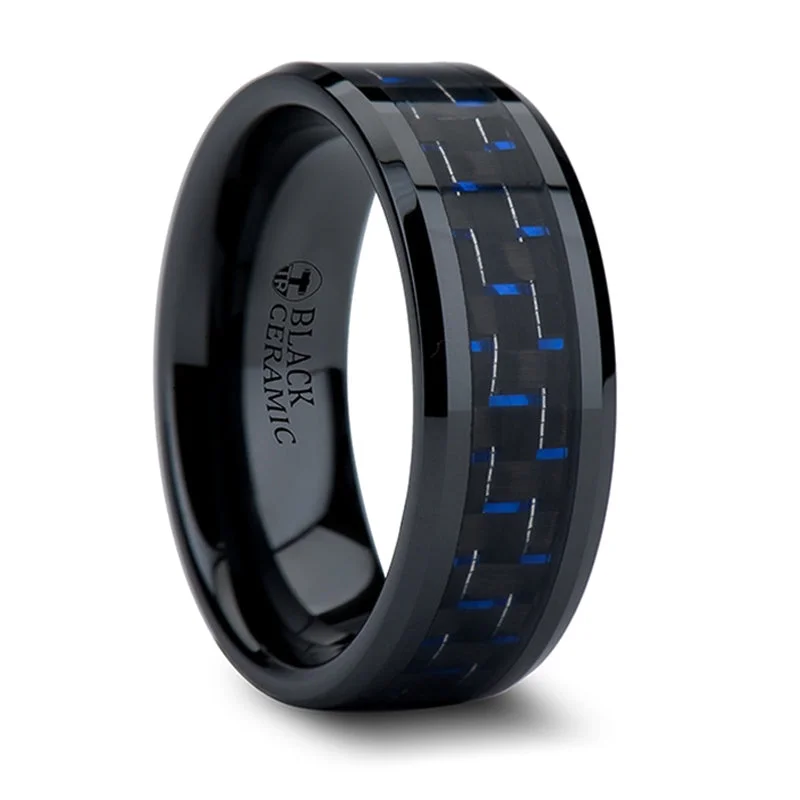 Shop Stylish Jewelry Now And Save Big Thorsten Avitus Black Beveled Ceramic Ring w/ Blue & Black Carbon Fiber Inlay (4-10mm) W874-BBCF Shop Stylish Jewelry Now And Save Big Thorsten Avitus Black Beveled Ceramic Ring w/ Blue & Black Carbon Fiber Inlay (4-10mm) W874-BBCF