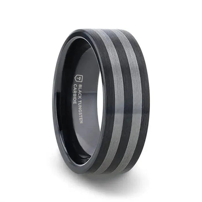 Timeless Jewelry At Special Discount Rates Thorsten Beta Black Ceramic Flat Profile Wedding Band w/ Brushed Tungsten Inlay (8mm) W3211-DCIB Timeless Jewelry At Special Discount Rates Thorsten Beta Black Ceramic Flat Profile Wedding Band w/ Brushed Tungsten Inlay (8mm) W3211-DCIB