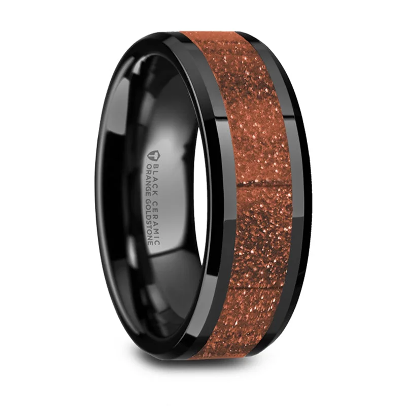 Sparkle More For Less – Jewelry Sale Happening Now Thorsten Bolin Black Ceramic Polished Finish Beveled Edges Wedding Band w/ Orange Goldstone Inlay (8mm) W5987-BCGS Sparkle More For Less – Jewelry Sale Happening Now Thorsten Bolin Black Ceramic Polished Finish Beveled Edges Wedding Band w/ Orange Goldstone Inlay (8mm) W5987-BCGS