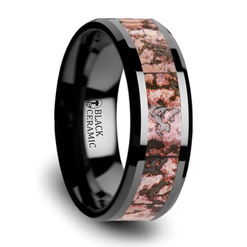 Flash Jewelry Sale – Get Stunning Pieces At Low Prices Thorsten Cambrian Pink Dinosaur Bone Inlaid Black Ceramic Beveled Edged Ring (8mm) C3815-TCDB Flash Jewelry Sale – Get Stunning Pieces At Low Prices Thorsten Cambrian Pink Dinosaur Bone Inlaid Black Ceramic Beveled Edged Ring (8mm) C3815-TCDB