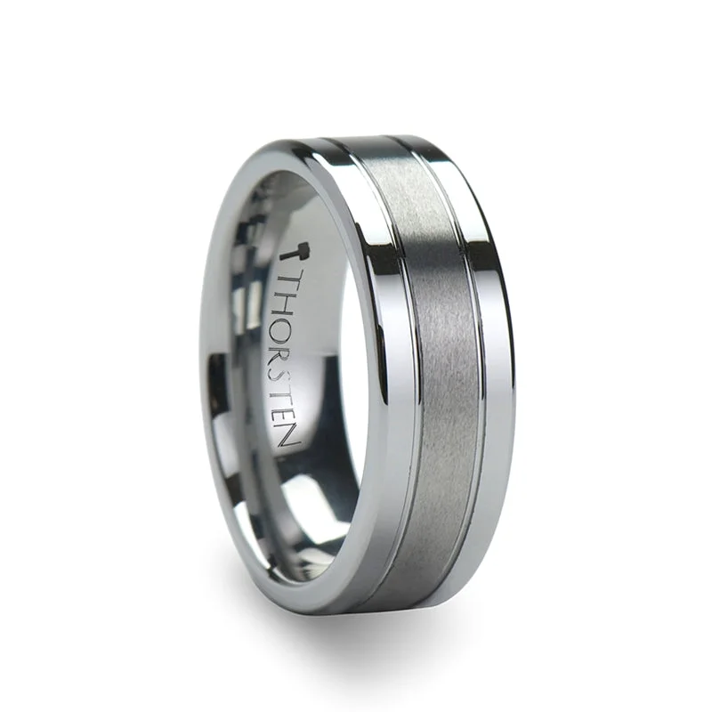 High-End Jewelry, Now More Affordable Than Ever Thorsten Chronos Flat with Grooves Polished Edges and Brush Center Tungsten Carbide Ring (6-8mm) W343-FGBC High-End Jewelry, Now More Affordable Than Ever Thorsten Chronos Flat with Grooves Polished Edges and Brush Center Tungsten Carbide Ring (6-8mm) W343-FGBC